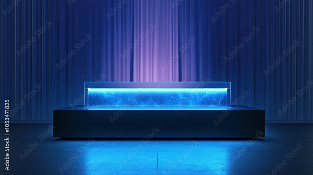 Podium mockup featuring a transparent glass top with LED lighting. Podium mockup featuring a transparent glass top with LED lighting.