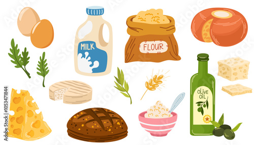 Healthy food set. Bread, flour, dairy products, olive oil and butter collection. Milk, cheese, curds, egg. Colored flat vector illustration of groceries isolated on white background