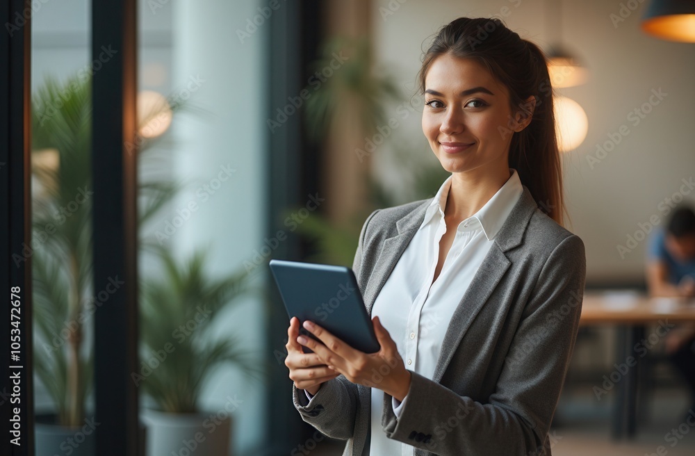 Confident young professional using a tablet while standing in a modern office setting with plants in the background Confident young professional using a tablet while standing in a modern office setting with plants in the background