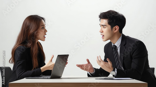 2 asian office staff are working on the laptop as the teammates in the office meeting table  discussing and brainstorming  about their work as the team plain white background  photo