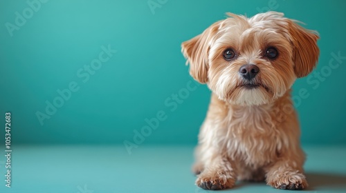 A small dog with brown fur is sitting on a green surface. Generative AI