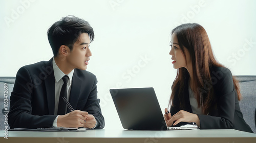 2 asian office staff are working on the laptop as the teammates in the office meeting table discussing and brainstorming about their work as the team plain white background