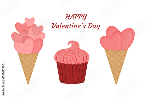 Set of valentine's day isolated on transparent and white background. Ice cream with pink heart in waffle cone. Cupcake with pink cream in red wrapper. Text happy valentine's day. Vector illustration.