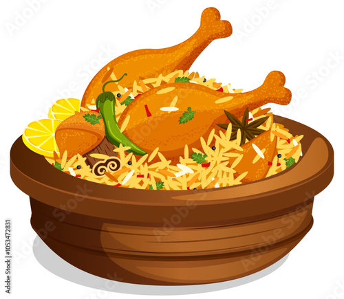 Spicy Chicken Biryani Served in Earthen Pot. Chicken, Chili Pepper, Star Anise, Cinnamon, Lemon & Other Spices. Authentic Indian Rice Dish Detailed Illustration