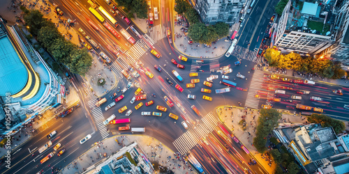 Aerial view of a busy city crossroad junction with cars and pedestrians.