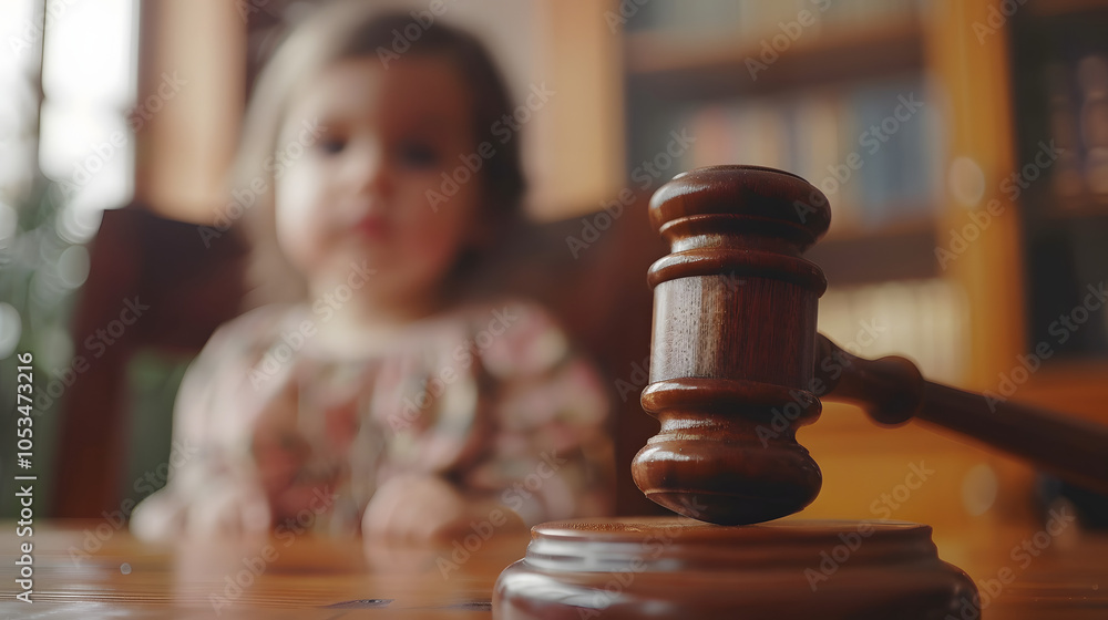 Close up of a legal judges hammer with a blurred child in the background. Child custody concept Close up of a legal judges hammer with a blurred child in the background. Child custody concept