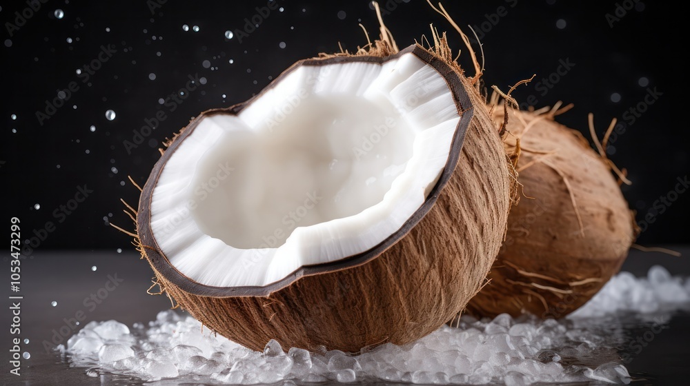 a coconut sitting on a white surface, with one half opened to reveal the rich, a coconut sitting on a white surface, with one half opened to reveal the rich,