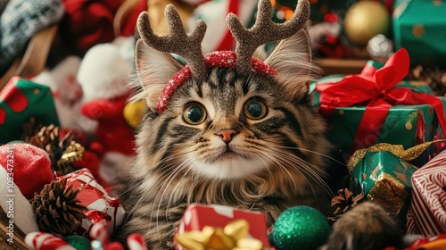 A cute cat with reindeer antlers sits amidst a pile of Christmas gifts and ornaments. photo