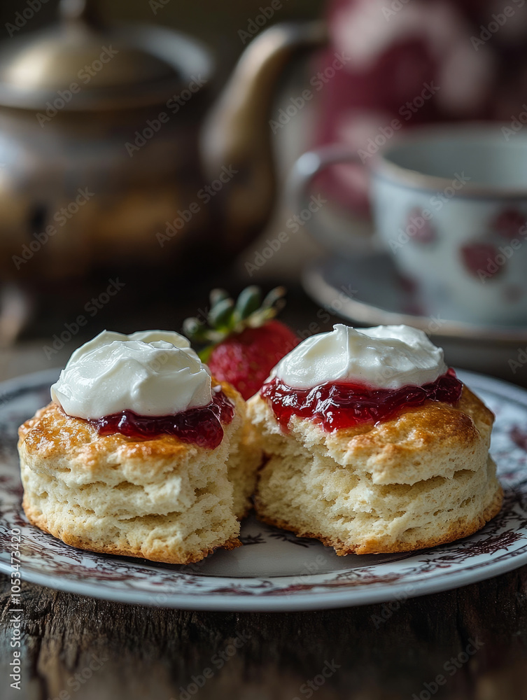 custom made wallpaper toronto digitalScones with cream and jam on a vintage plate.
