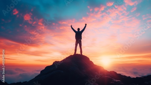 Reaching for the Horizon: A silhouette of a lone figure stands triumphant atop a mountain peak, arms raised in victory against a breathtaking sunset backdrop. This powerful image evokes ambition.