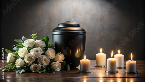 White roses and black cremation urn with burning candles in Long Shot