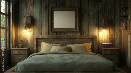 Rustic bedroom with a blank pillow
