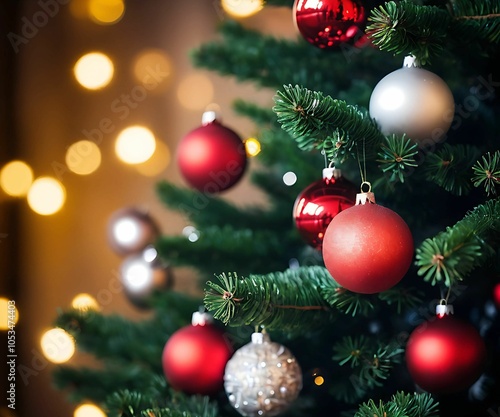 Festive Christmas Tree Decorated with Baubles and Glowing Lights, Christmas Tree with Colorful Baubles and Soft Bokeh Lights