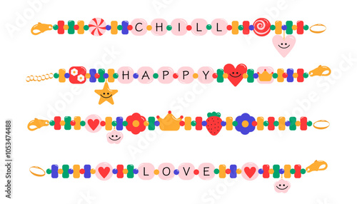 Four colorful beaded bracelets with chill, happy, love writing and decorative charms promoting positive message