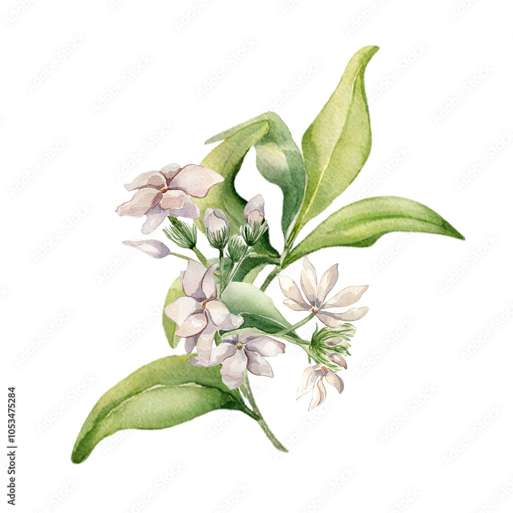 Obraz premium Jasmine on branch watercolor illustration isolated on white. White flower camellia botanical style hand drawn. Flowers of jasmine and leaves painted for design label, package cosmetic, herbal tea
