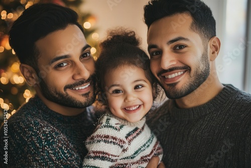 Two fathers and their daughter smiling and celebrating christmas together at home, in front of a decorated christmas tree