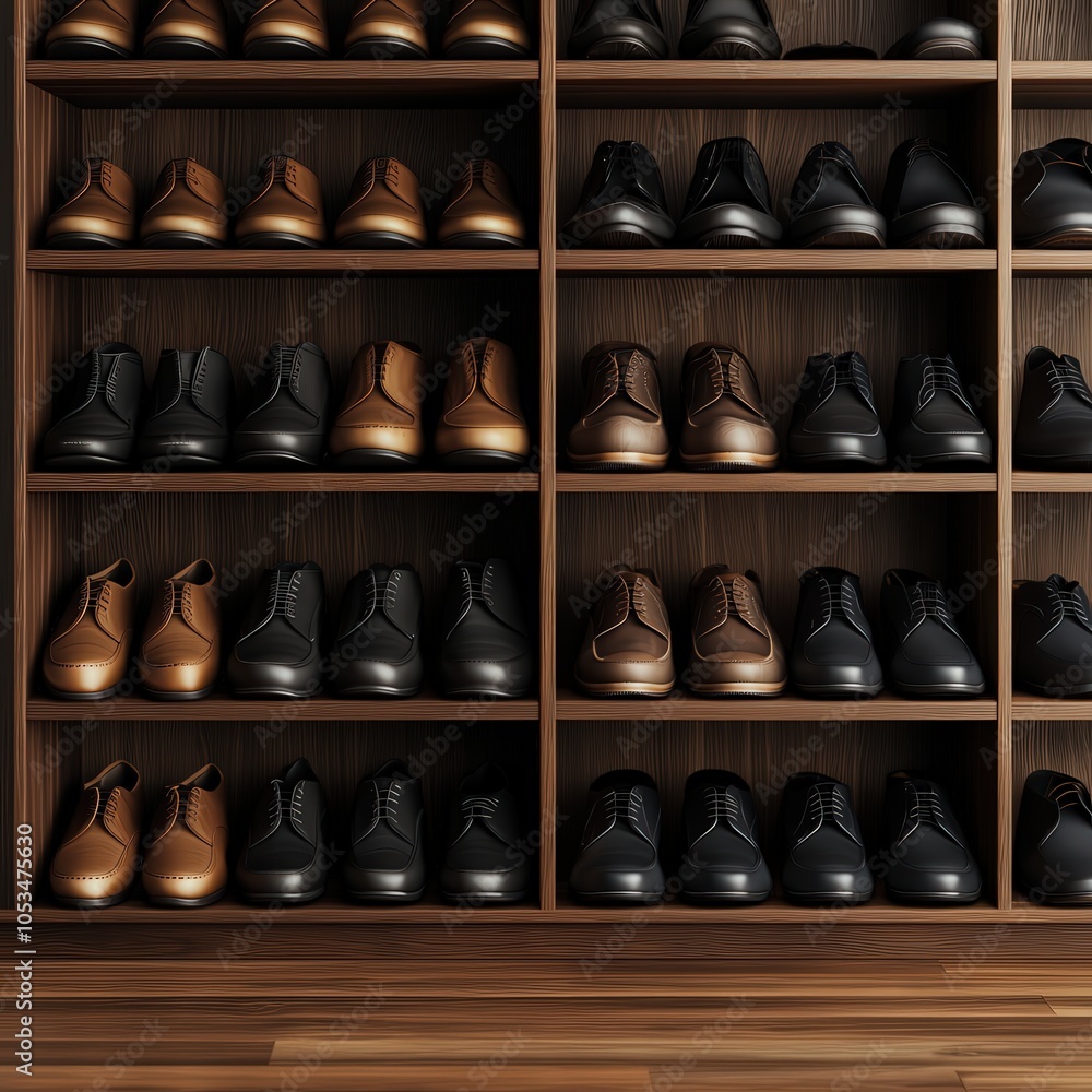 Elegant Display of Assorted Leather Shoes on Wooden Shelves in a Modern Retail Space Elegant Display of Assorted Leather Shoes on Wooden Shelves in a Modern Retail Space