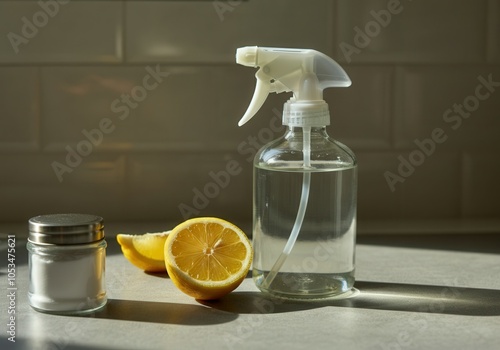 Eco-friendly cleaning solution featuring baking soda, fresh lemon, and a water spray bottle, promoting sustainable household chores photo