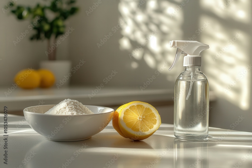 Natural cleaning products using baking soda, lemon, and vinegar create a sustainable cleaning solution Natural cleaning products using baking soda, lemon, and vinegar create a sustainable cleaning solution