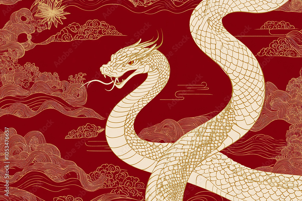Fototapeta premium An elegant white dragon coiling against a rich red background decorated with gold clouds and a sunburst, symbolizing power and harmony