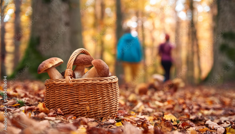 Personas en el bosque buscando setas. Ambiente de Otoño. Cesta con boletus Personas en el bosque buscando setas. Ambiente de Otoño. Cesta con boletus