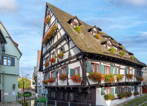 Altes Fachwerkhaus, Schiefes Haus,  im Fischerviertel in Ulm, Baden-Württemberg, Deutschland photo