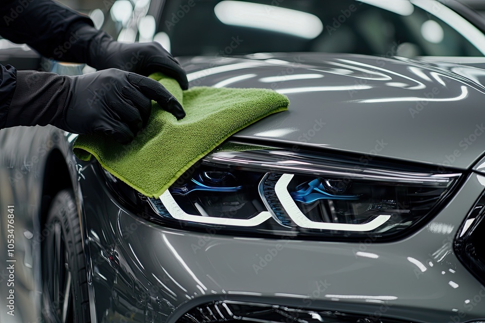 Car detailing and polishing series : Worker in black gloves with microfiber cloth Car detailing and polishing series : Worker in black gloves with microfiber cloth