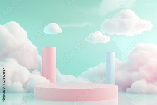 3D render, abstract geometric background for product presentation, podium with trees and clouds in pastel colors, vector illustration, minimal concept design, mock-up or template for banner photo