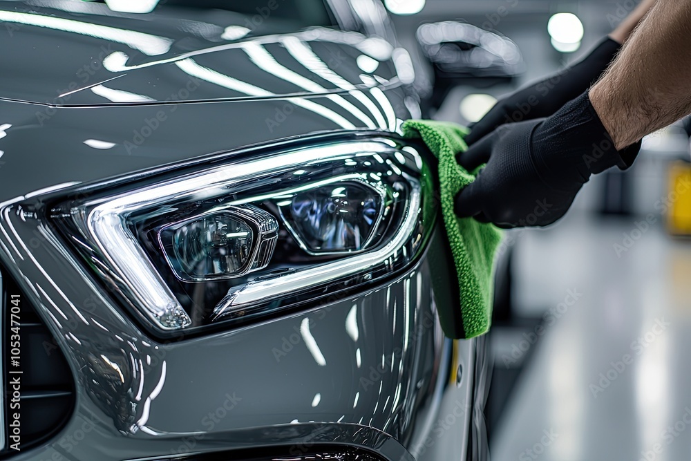 Car detailing and polishing series : Worker in black gloves with microfiber cloth Car detailing and polishing series : Worker in black gloves with microfiber cloth