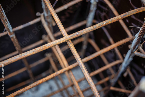 Bilde på lerret Construction work on a reinforced concrete foundation highlighting the rebar str