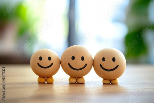 Three smiling wooden figures stand on a table, representing happiness, positivity, and good customer service