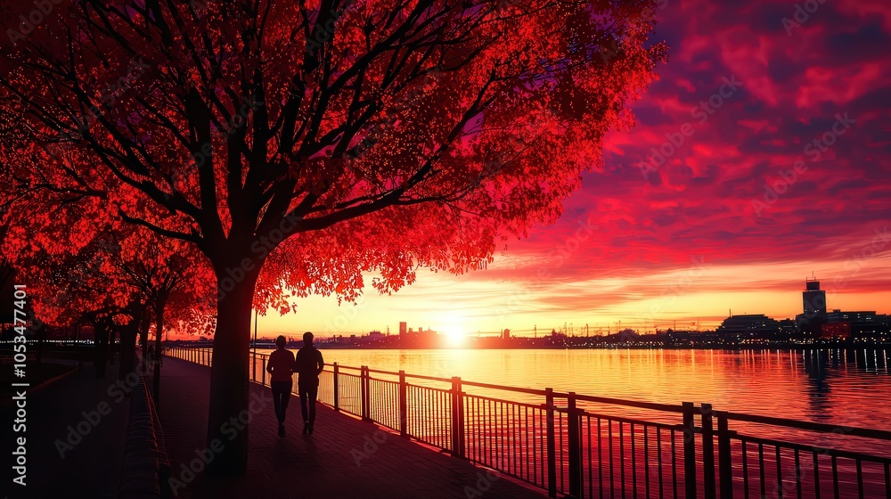 Fototapeta premium Stunning Sunset Reflections Over Serene River with Autumn Trees and Couples Walking by the Shore