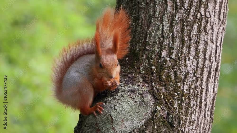 A Red Squirrel Sitting on a Tree, Chewing on Nuts. Adorable Moment of a Squirrel Enjoying a Snack in Its Natural Habitat. Close-Up of a Cute, Furry Forest Animal. A Red Squirrel Sitting on a Tree, Chewing on Nuts. Adorable Moment of a Squirrel Enjoying a Snack in Its Natural Habitat. Close-Up of a Cute, Furry Forest Animal.