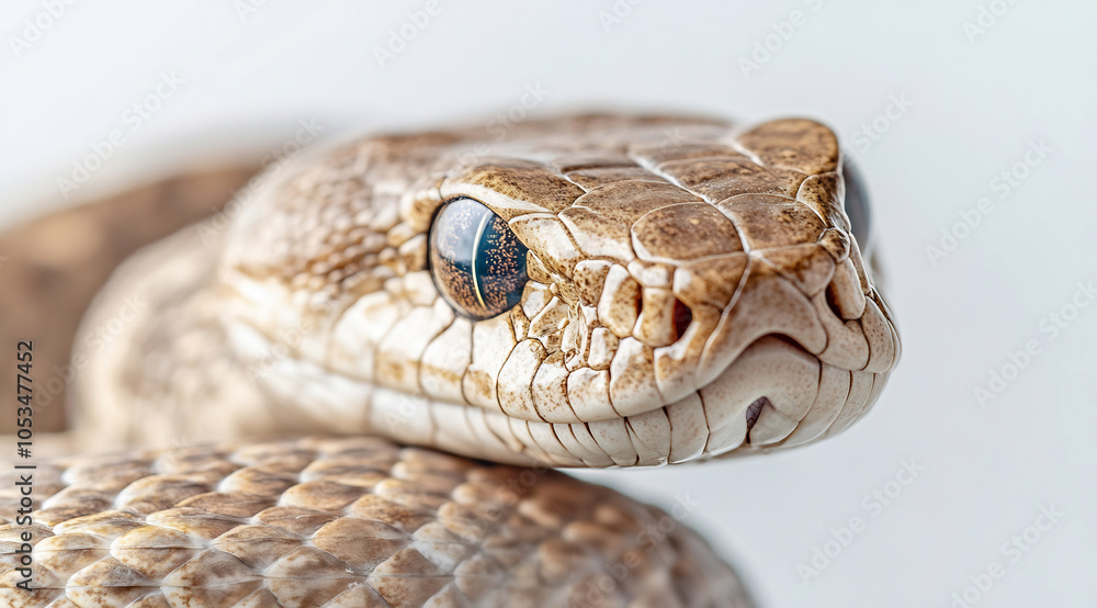 Close-up view of a snake with detailed scales and striking eyes, showcasing its natural beauty and texture in a neutral background Close-up view of a snake with detailed scales and striking eyes, showcasing its natural beauty and texture in a neutral background