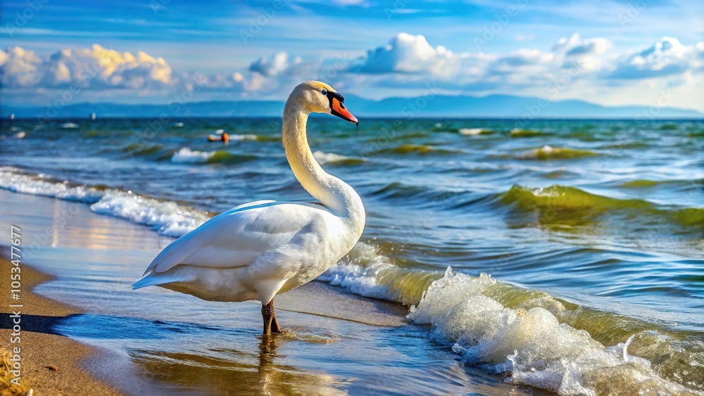 Obraz premium White swan standing on seashore