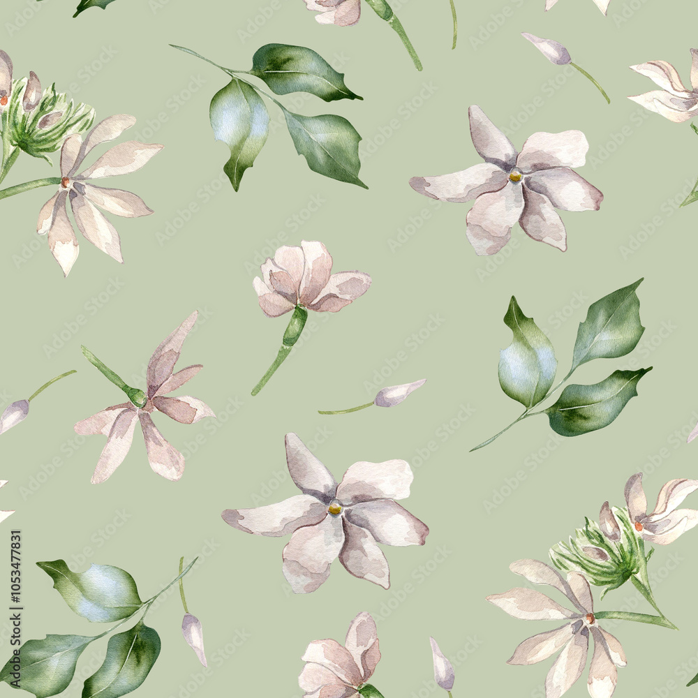 Watercolor of Jasmine, buds, leaves seamless pattern isolated. Botanical flowers in pastel colors hand drawn on repeated texture. Camellia background in pale pink for textile, package, wallpaper. Watercolor of Jasmine, buds, leaves seamless pattern isolated. Botanical flowers in pastel colors hand drawn on repeated texture. Camellia background in pale pink for textile, package, wallpaper.