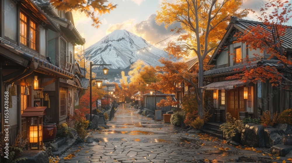 Fototapeta premium A street scene with houses and a mountain in the background. Generative AI