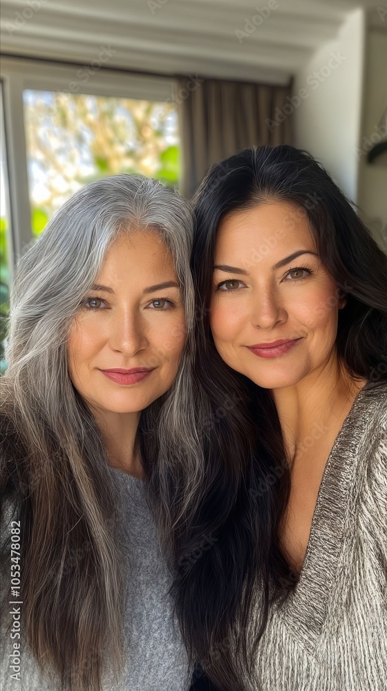 Two women with long gray hair posing for a picture Two women with long gray hair posing for a picture