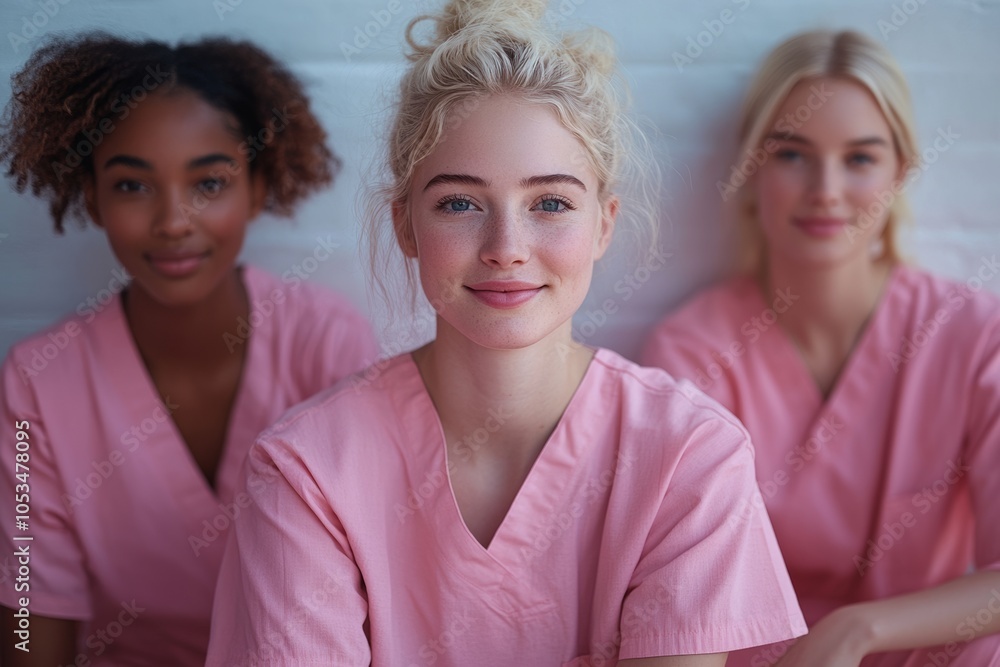 Group of people wearing pink shirts and hats are smiling for the camera. Group of people, diversity, from the same company, people from the industry, white background, sunny light, same uniforms pink Group of people wearing pink shirts and hats are smiling for the camera. Group of people, diversity, from the same company, people from the industry, white background, sunny light, same uniforms pink