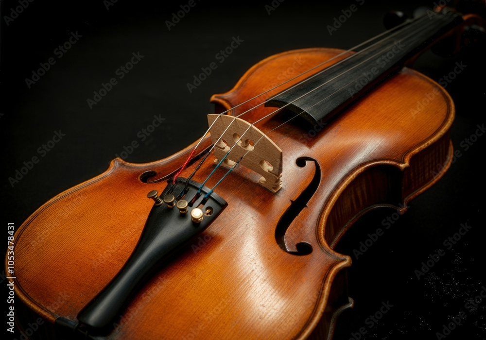 Fototapeta premium Beautifully crafted violin is presented on a dark background, highlighting the instrument's polished wood and intricate details