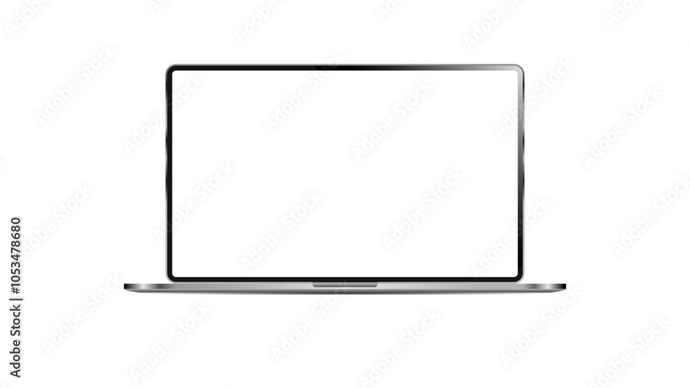 Modern dark metal thin frame laptop mockup. Realistic laptop front view. Blank screen display notebook. Opened computer screen. Modern dark metal thin frame laptop mockup. Realistic laptop front view. Blank screen display notebook. Opened computer screen.