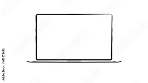 Modern dark metal thin frame laptop mockup. Realistic laptop front view. Blank screen display notebook. Opened computer screen.