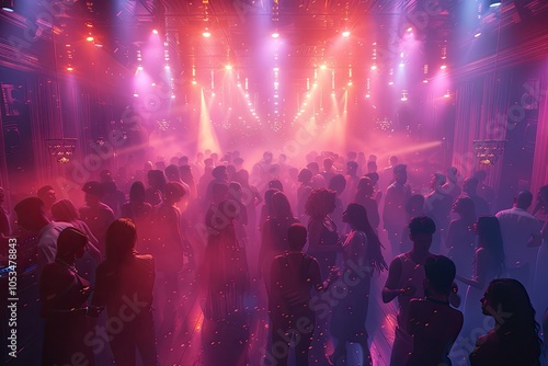 A lively dance party with a DJ booth, flashing lights, and people dancing