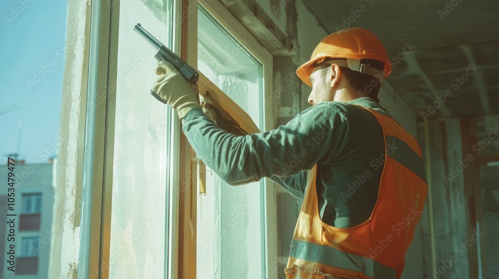 A construction worker installing a window in a building under renovation. A construction worker installing a window in a building under renovation.