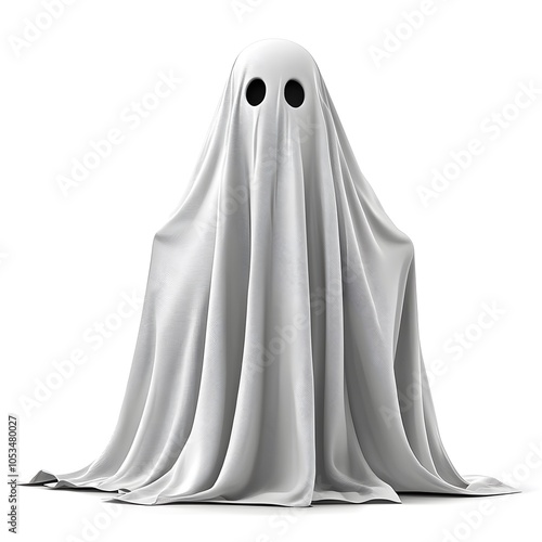 3D cartoon of a ghost covered with a white sheet on a white background.