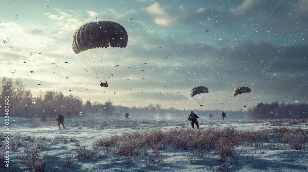 Naklejka premium Paratroopers landing in a snowy field, 4K hyperrealistic photo