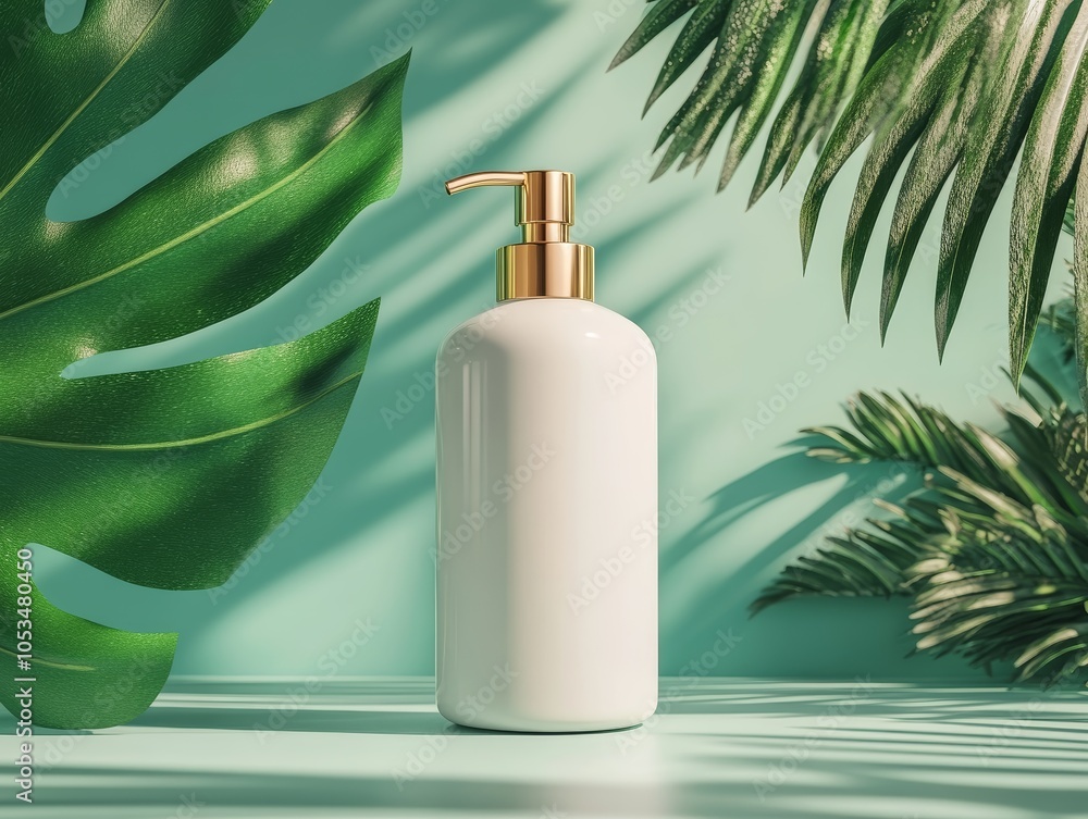 Tropical Body Wash Bottle Mockup with Palm Leaves Tropical Body Wash Bottle Mockup with Palm Leaves