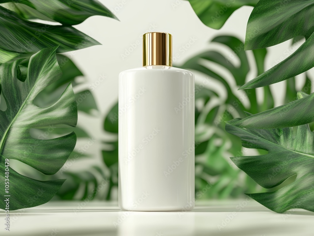White Body Wash Bottle Mockup with Tropical Leaves White Body Wash Bottle Mockup with Tropical Leaves