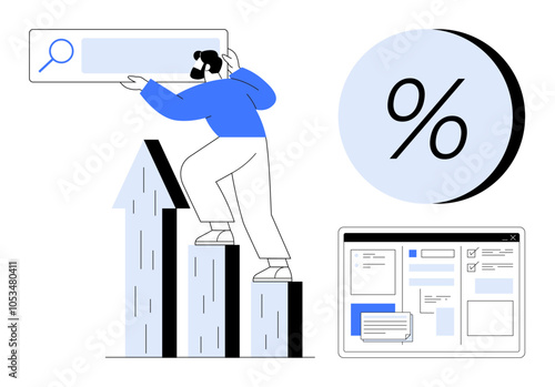 Man climbing bar chart holding search bar, big percentage symbol, web page elements. Ideal for business growth, data analysis, financial strategy, marketing, web development, performance tracking