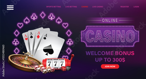 A web banner with neon cards and dice for poker with a slot machine and roulette, chips for casinos online in a frame of their suits on purple background.